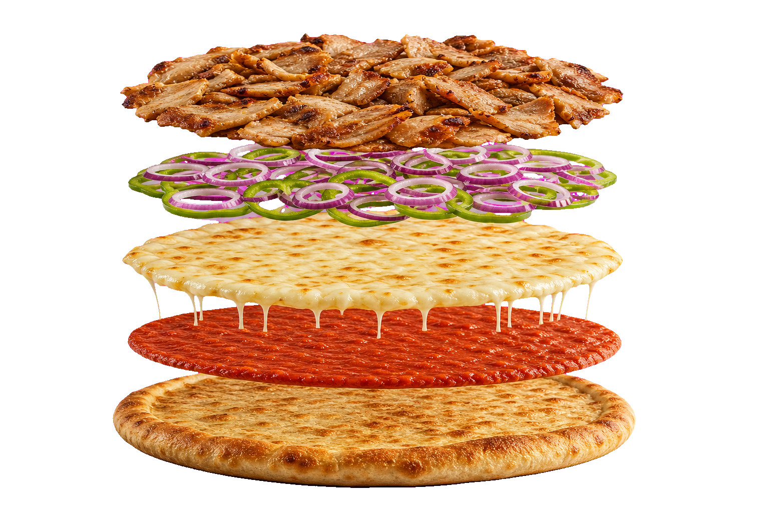 Schwebende Schichten einer Drehspieß-Pizza: Pizzaboden, Tomatensoße, Käse, Gemüse und Drehspießfleisch