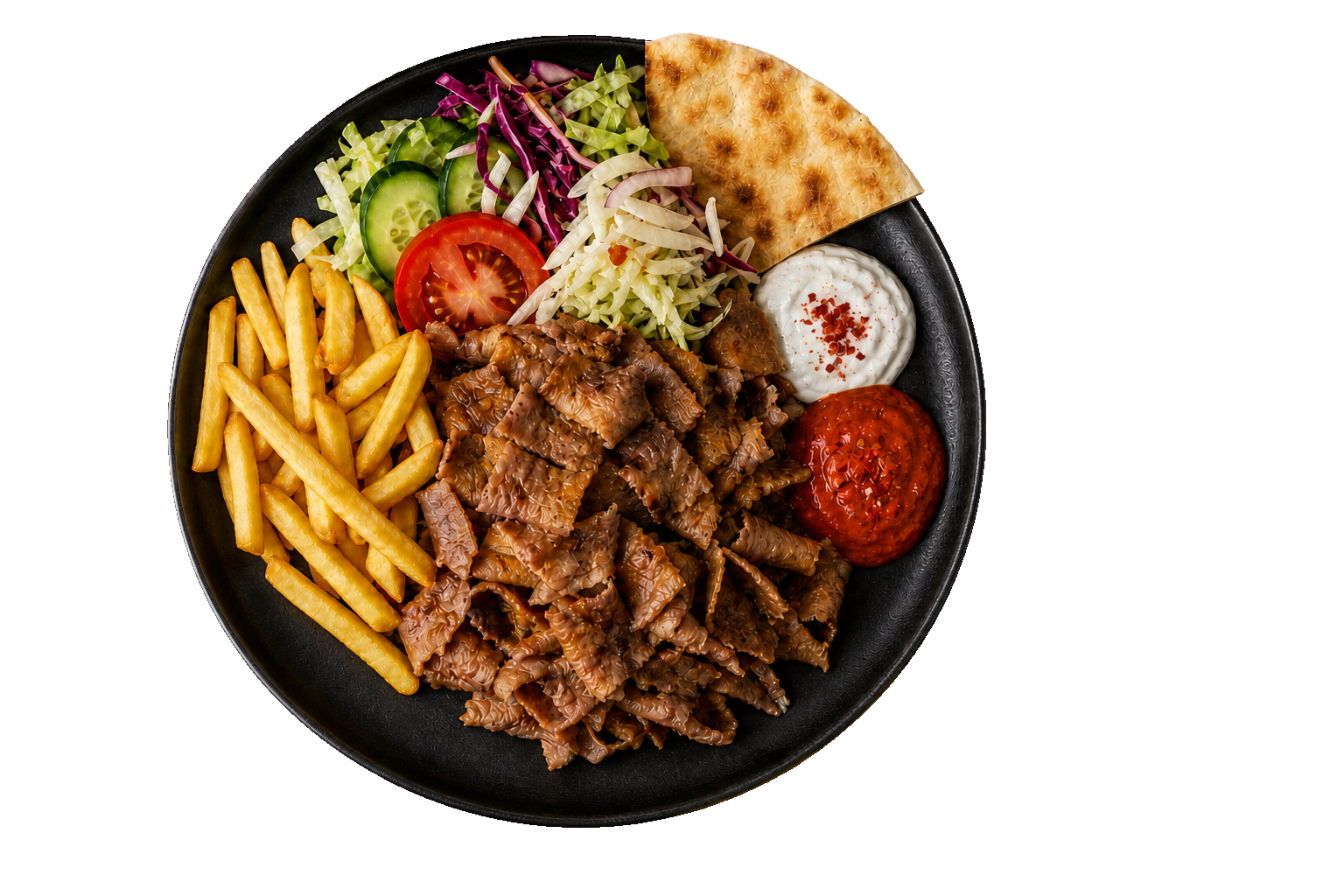 Drehspieß Teller mit Pommes, Salat, Brot und Soßen